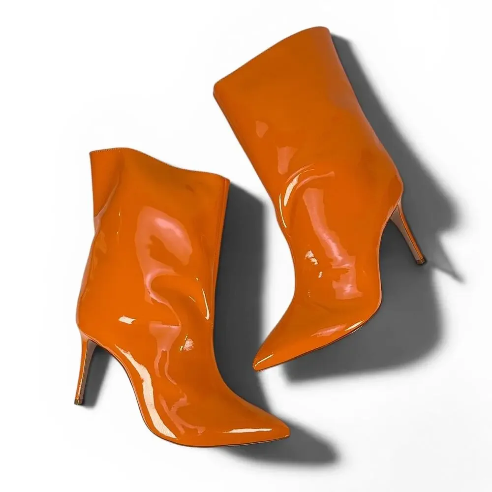 Schutz Maya High Ankle Boots Womens 9 Tangerine Orange Patent Stiletto Pull On